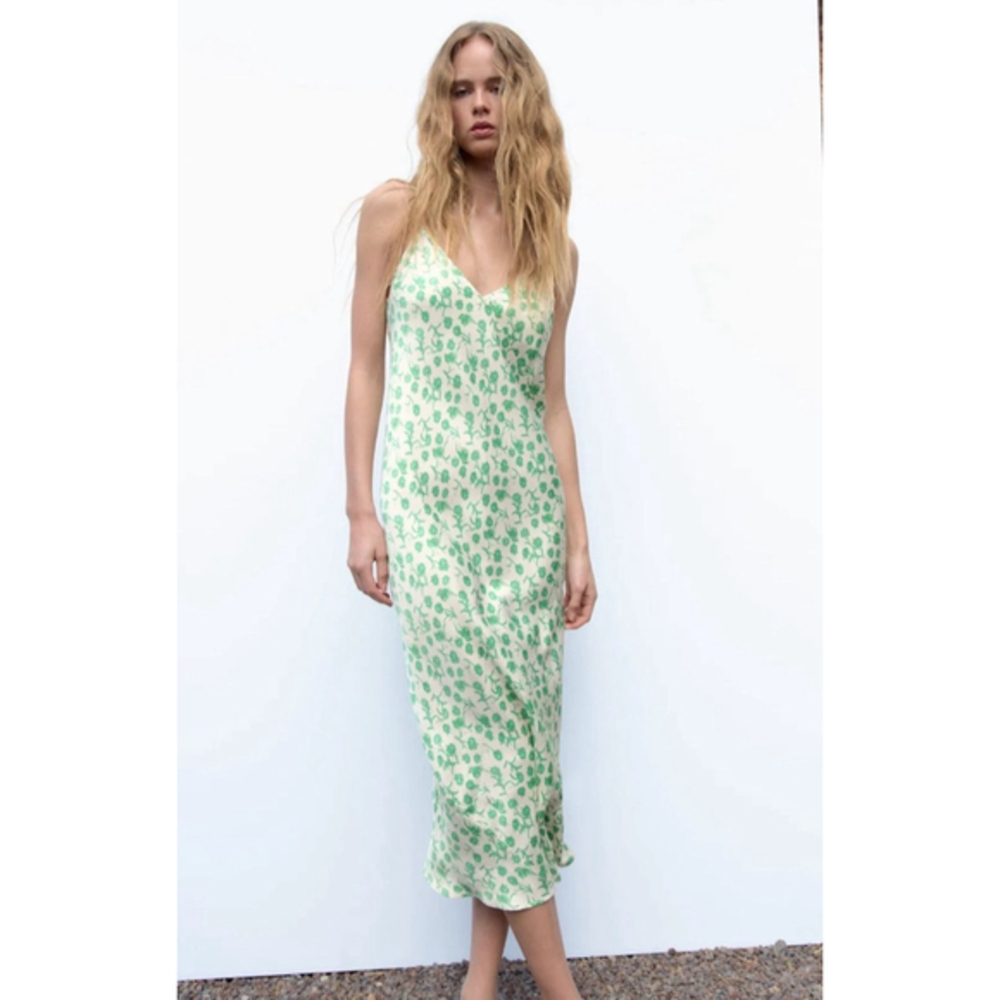 Zara Floral Silky Slip Dress Kelly Green Cottagecore Fairy Women’s Size S New